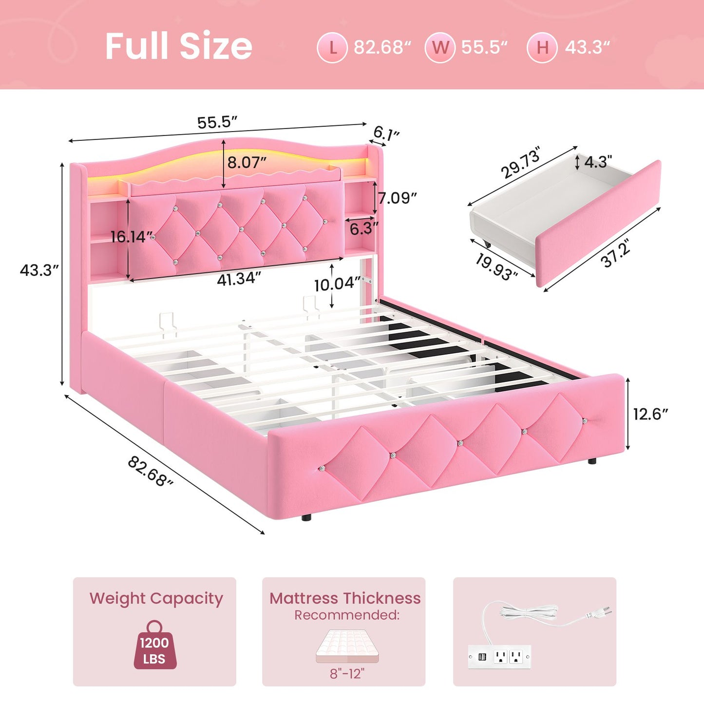 DICTAC | Princess Bed Frame with LED Lights, Storage Drawers, Bookcase Headboard & Charging Station, Pink Velvet Upholstered Bed
