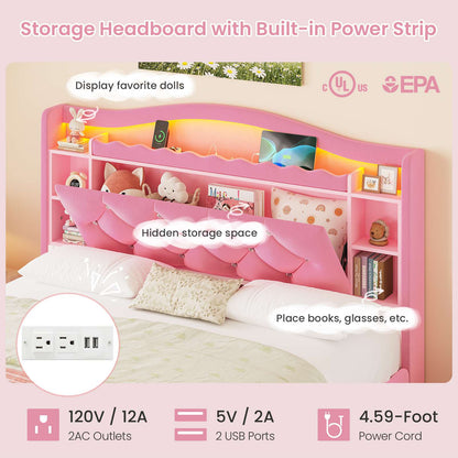 DICTAC | Princess Bed Frame with LED Lights, Storage Drawers, Bookcase Headboard & Charging Station, Pink Velvet Upholstered Bed