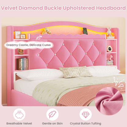 DICTAC | Princess Bed Frame with LED Lights, Storage Drawers, Bookcase Headboard & Charging Station, Pink Velvet Upholstered Bed