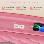 DICTAC | Princess Bed Frame with LED Lights, Storage Drawers, Bookcase Headboard & Charging Station, Pink Velvet Upholstered Bed