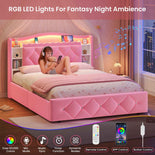 DICTAC | Princess Bed Frame with LED Lights, Storage Drawers, Bookcase Headboard & Charging Station, Pink Velvet Upholstered Bed