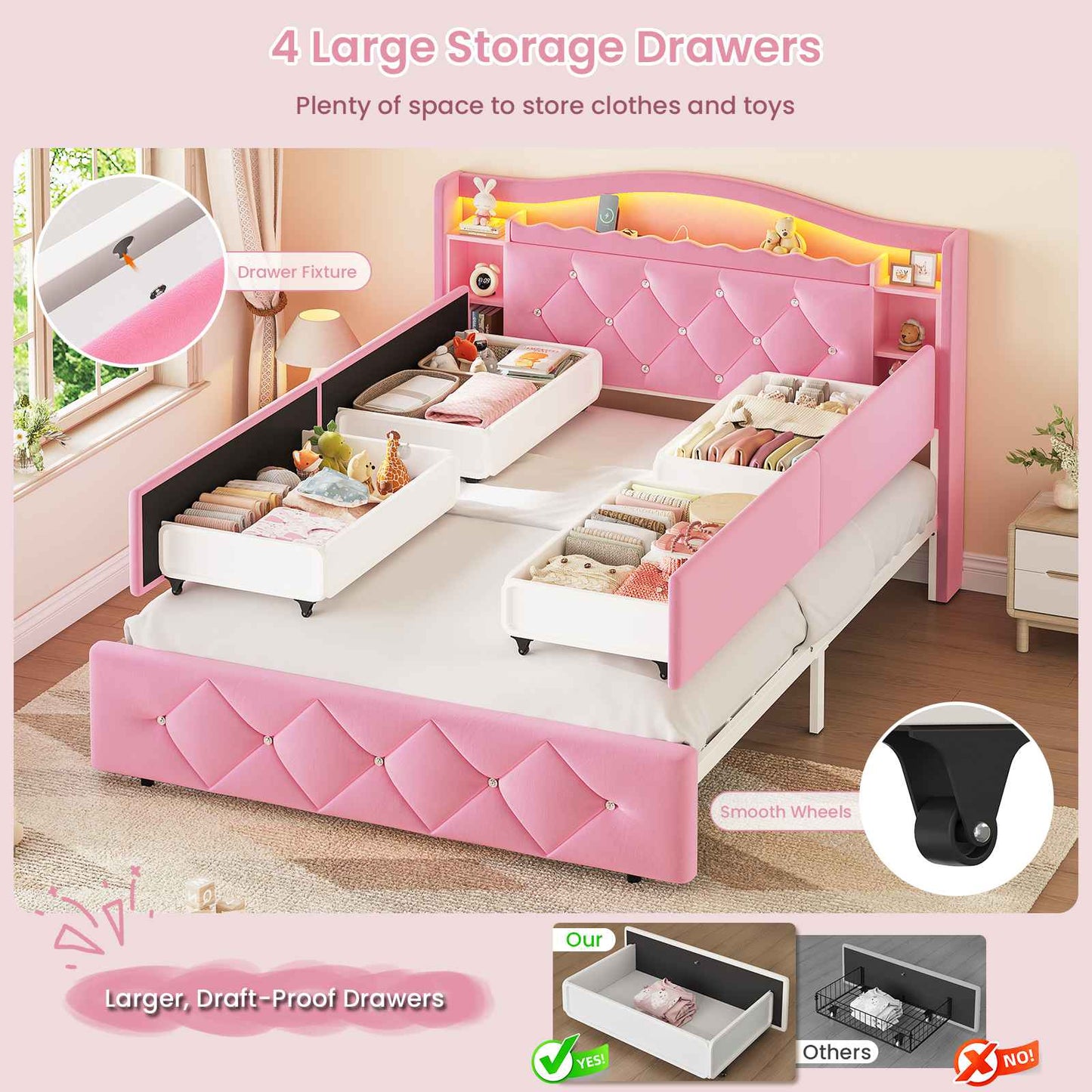 DICTAC | Princess Bed Frame with LED Lights, Storage Drawers, Bookcase Headboard & Charging Station, Pink Velvet Upholstered Bed