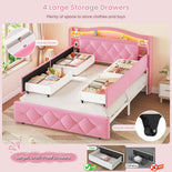 DICTAC | Princess Bed Frame with LED Lights, Storage Drawers, Bookcase Headboard & Charging Station, Pink Velvet Upholstered Bed