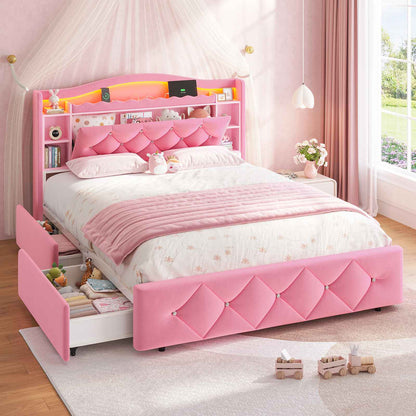 DICTAC | Princess Bed Frame with LED Lights, Storage Drawers, Bookcase Headboard & Charging Station, Pink Velvet Upholstered Bed
