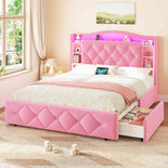 DICTAC | Princess Bed Frame with LED Lights, Storage Drawers, Bookcase Headboard & Charging Station, Pink Velvet Upholstered Bed