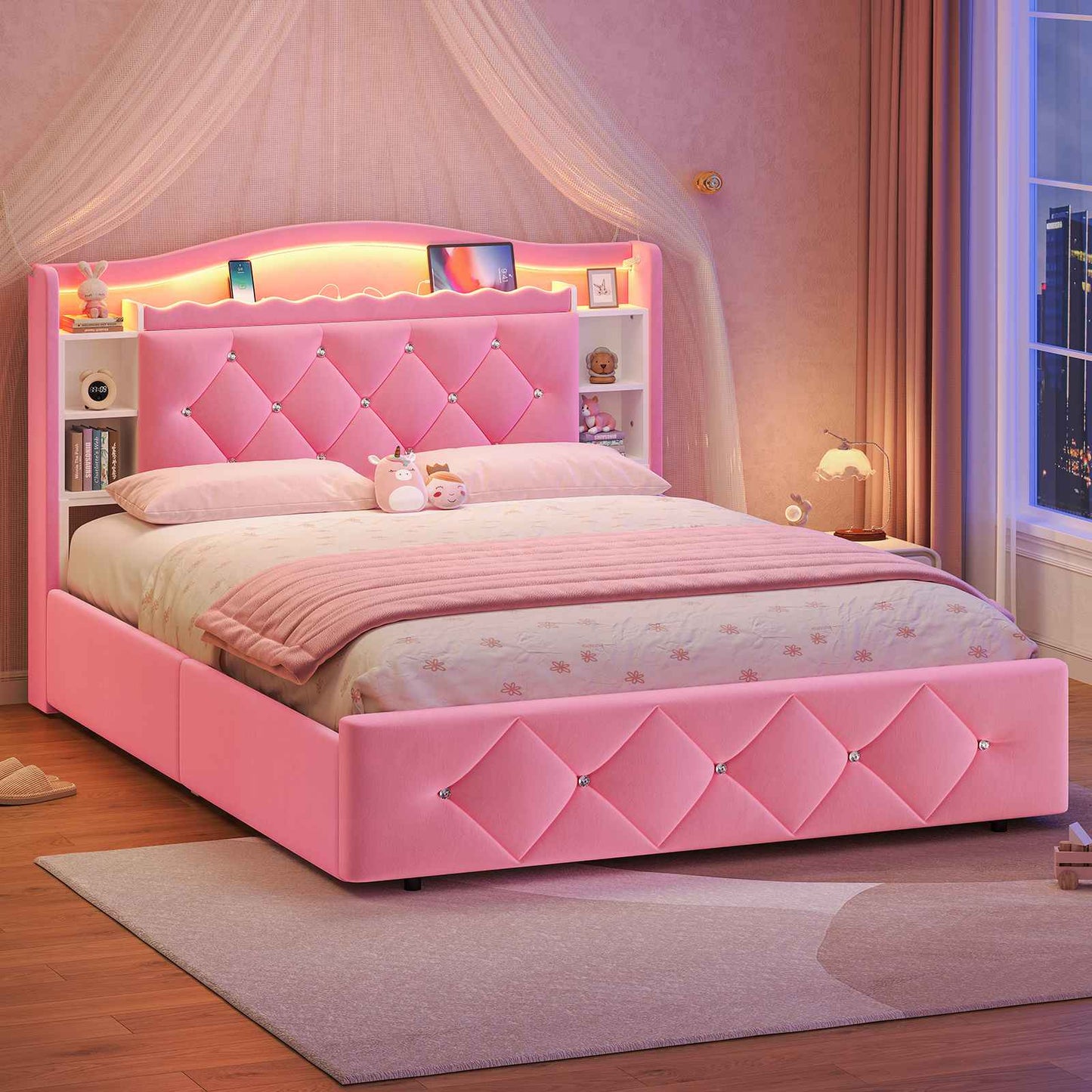 DICTAC | Princess Bed Frame with LED Lights, Storage Drawers, Bookcase Headboard & Charging Station, Pink Velvet Upholstered Bed