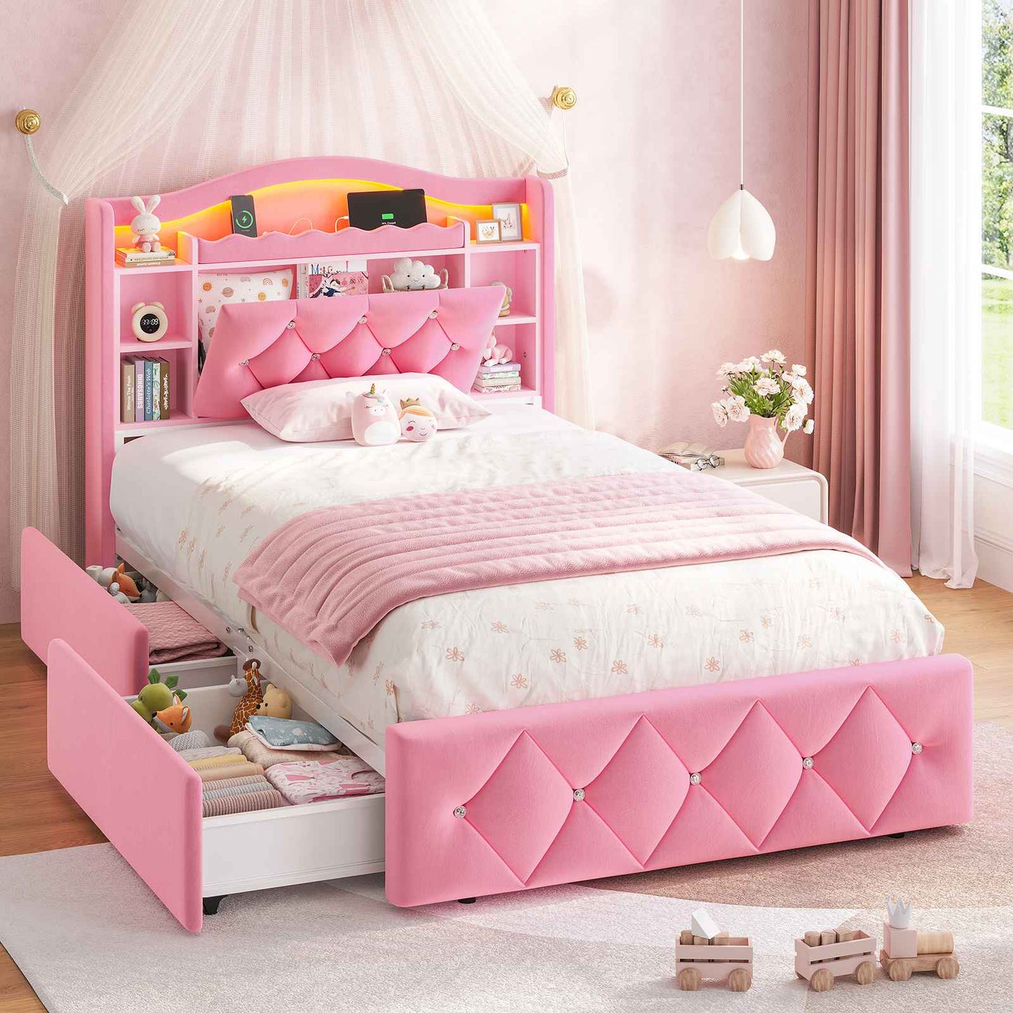 DICTAC | Princess Bed Frame with LED Lights, Storage Drawers, Bookcase Headboard & Charging Station, Pink Velvet Upholstered Bed