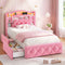 DICTAC | Princess Bed Frame with LED Lights, Storage Drawers, Bookcase Headboard & Charging Station, Pink Velvet Upholstered Bed