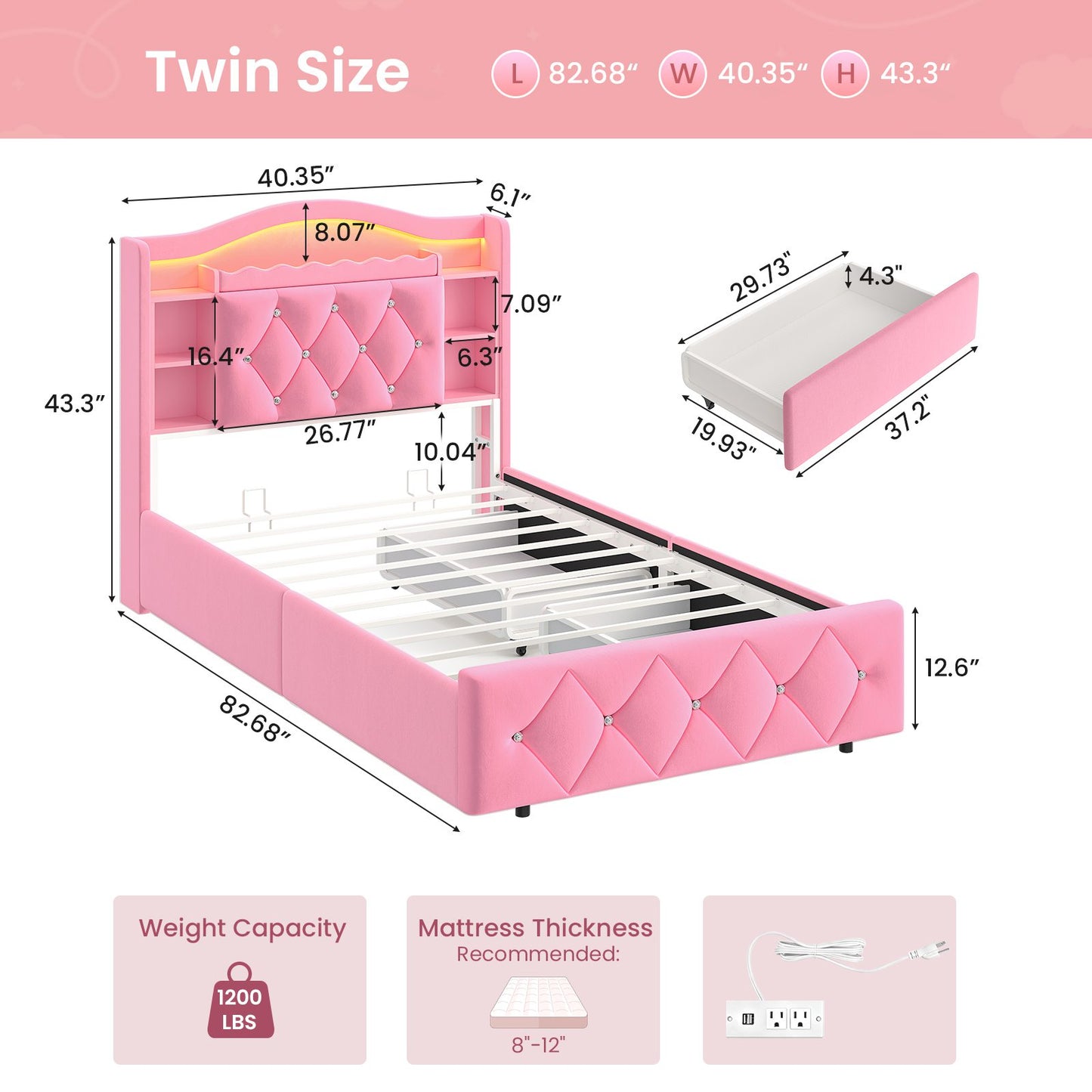 DICTAC | Princess Bed Frame with LED Lights, Storage Drawers, Bookcase Headboard & Charging Station, Pink Velvet Upholstered Bed