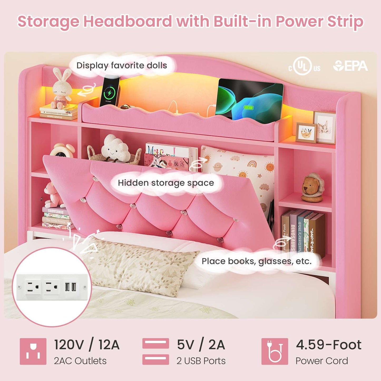DICTAC | Princess Bed Frame with LED Lights, Storage Drawers, Bookcase Headboard & Charging Station, Pink Velvet Upholstered Bed
