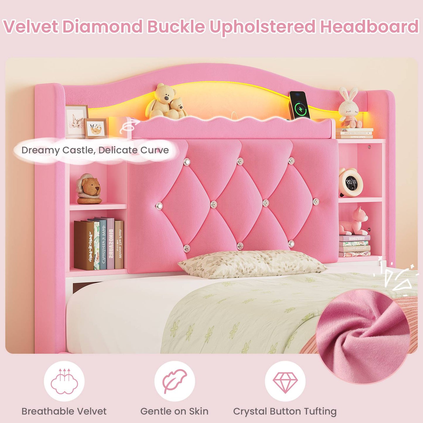 DICTAC | Princess Bed Frame with LED Lights, Storage Drawers, Bookcase Headboard & Charging Station, Pink Velvet Upholstered Bed