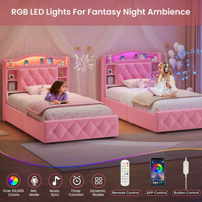 DICTAC | Princess Bed Frame with LED Lights, Storage Drawers, Bookcase Headboard & Charging Station, Pink Velvet Upholstered Bed