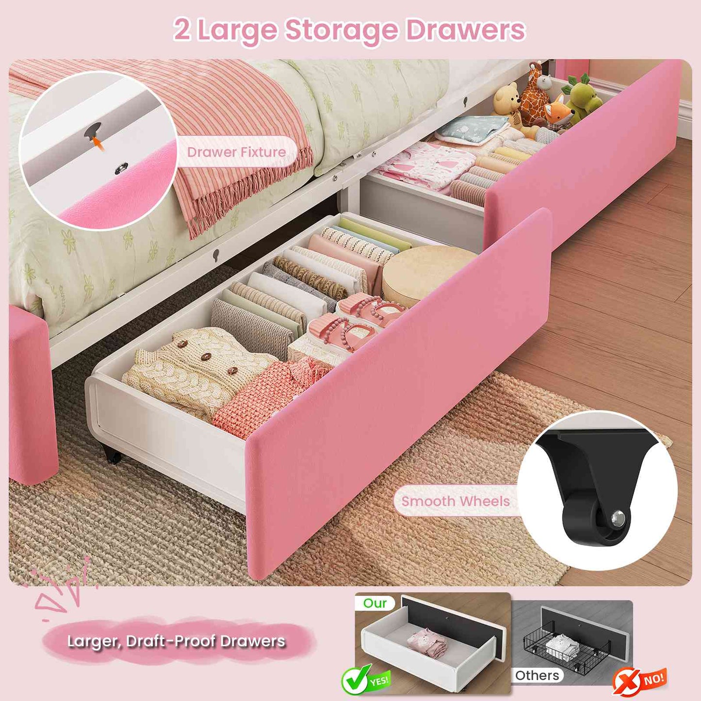 DICTAC | Princess Bed Frame with LED Lights, Storage Drawers, Bookcase Headboard & Charging Station, Pink Velvet Upholstered Bed