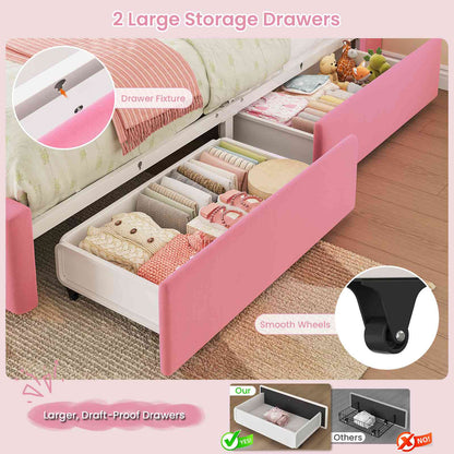 DICTAC | Princess Bed Frame with LED Lights, Storage Drawers, Bookcase Headboard & Charging Station, Pink Velvet Upholstered Bed