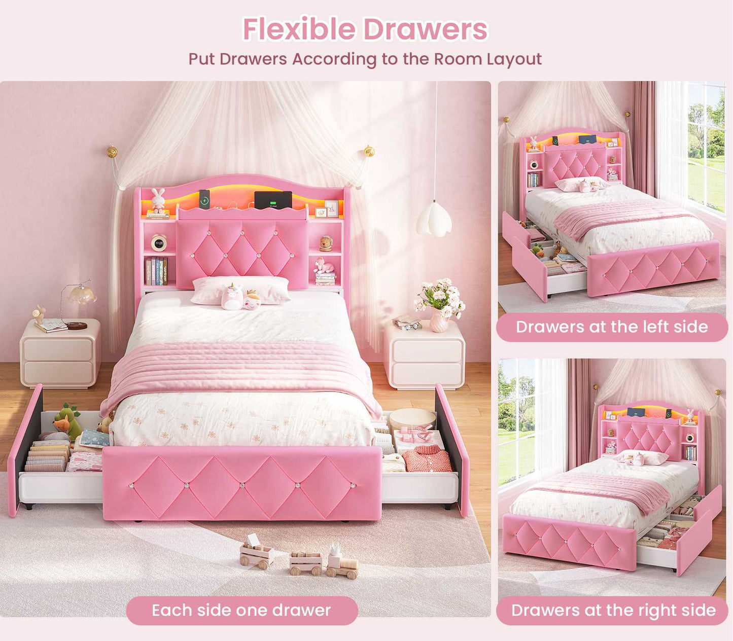 DICTAC | Princess Bed Frame with LED Lights, Storage Drawers, Bookcase Headboard & Charging Station, Pink Velvet Upholstered Bed
