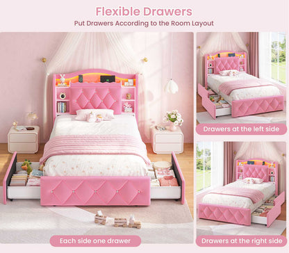 DICTAC | Princess Bed Frame with LED Lights, Storage Drawers, Bookcase Headboard & Charging Station, Pink Velvet Upholstered Bed