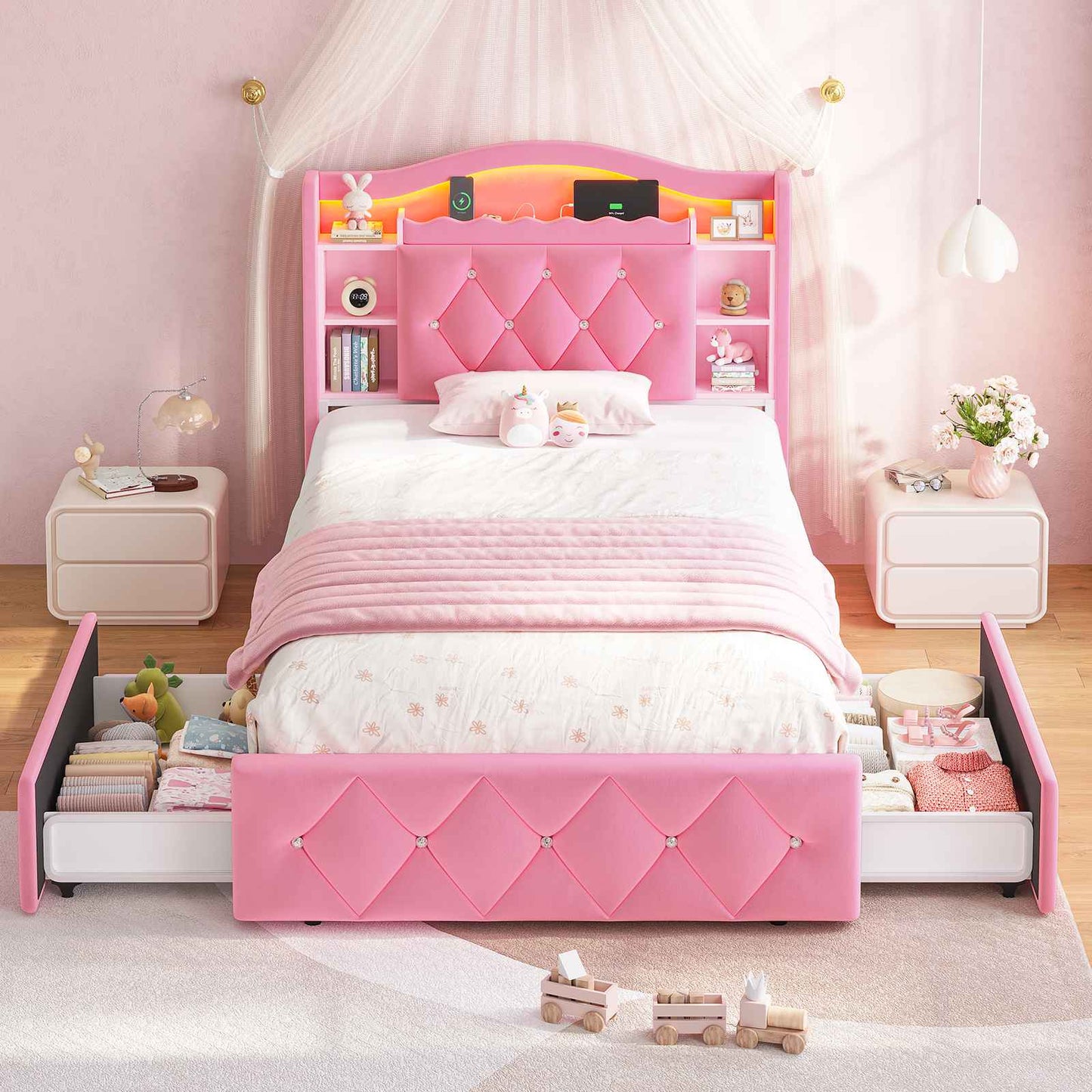 DICTAC | Princess Bed Frame with LED Lights, Storage Drawers, Bookcase Headboard & Charging Station, Pink Velvet Upholstered Bed
