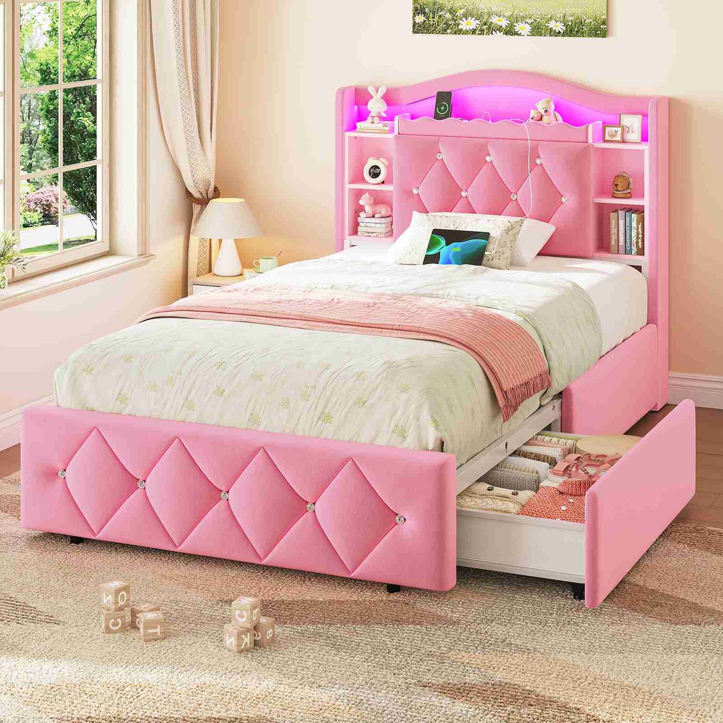 DICTAC | Princess Bed Frame with LED Lights, Storage Drawers, Bookcase Headboard & Charging Station, Pink Velvet Upholstered Bed