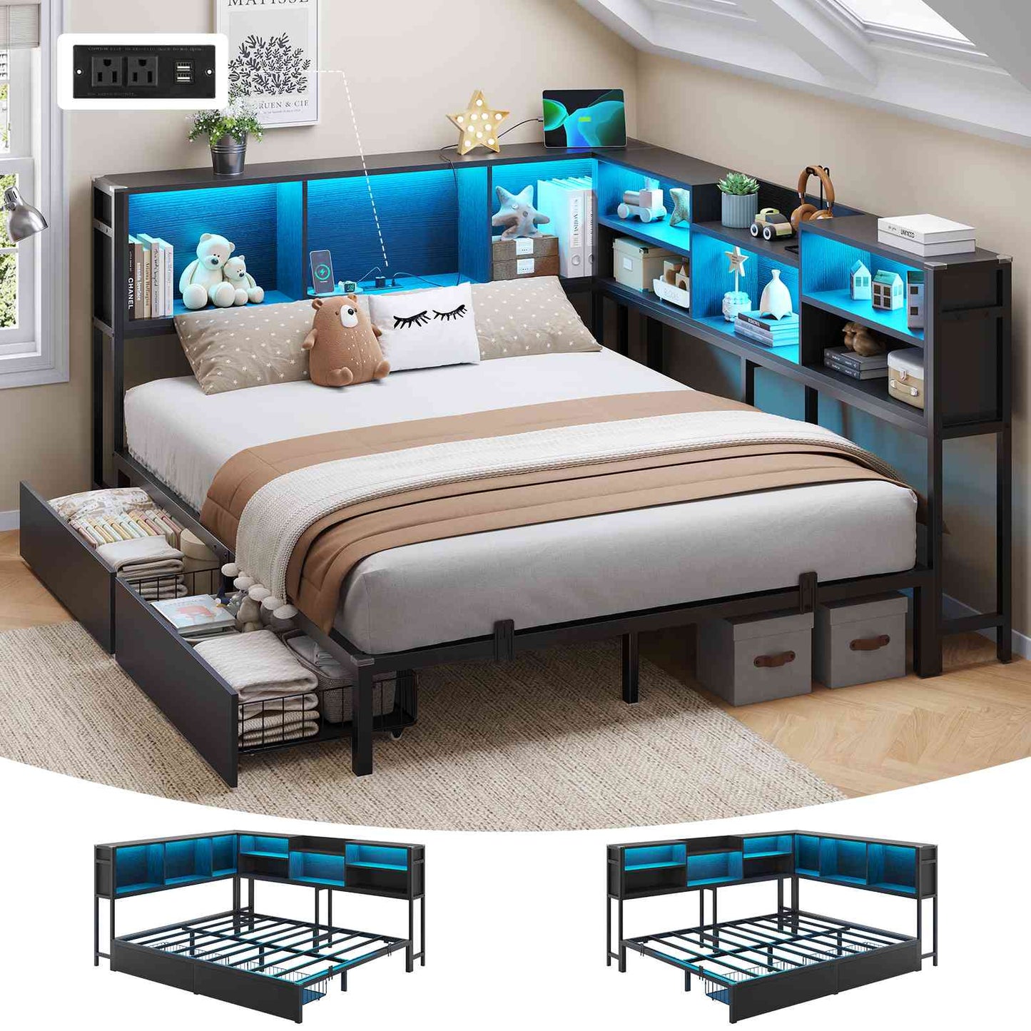 DICTAC | Corner Bed Frame with Storage, LED Lights & Charging Station, Metal Daybed with Drawers & Bookcase (Black)