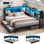 DICTAC | Corner Bed Frame with Storage Drawers & Bookcase, LED Lights & Charging Station – Black
