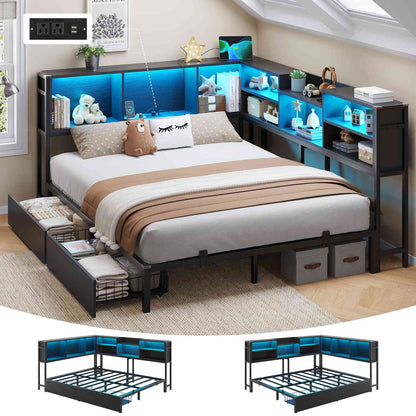 DICTAC | Corner Bed Frame with Storage, LED Lights & Charging Station, Metal Daybed with Drawers & Bookcase (Black)