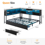 DICTAC | Corner Bed Frame with Storage Drawers & Bookcase, LED Lights & Charging Station – Black
