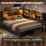 DICTAC | Corner Bed Frame with Storage Drawers & Bookcase, LED Lights & Charging Station – Black