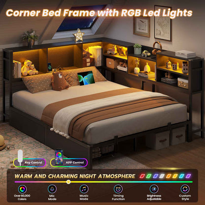 DICTAC | Corner Bed Frame with Storage, LED Lights & Charging Station, Metal Daybed with Drawers & Bookcase (Black)