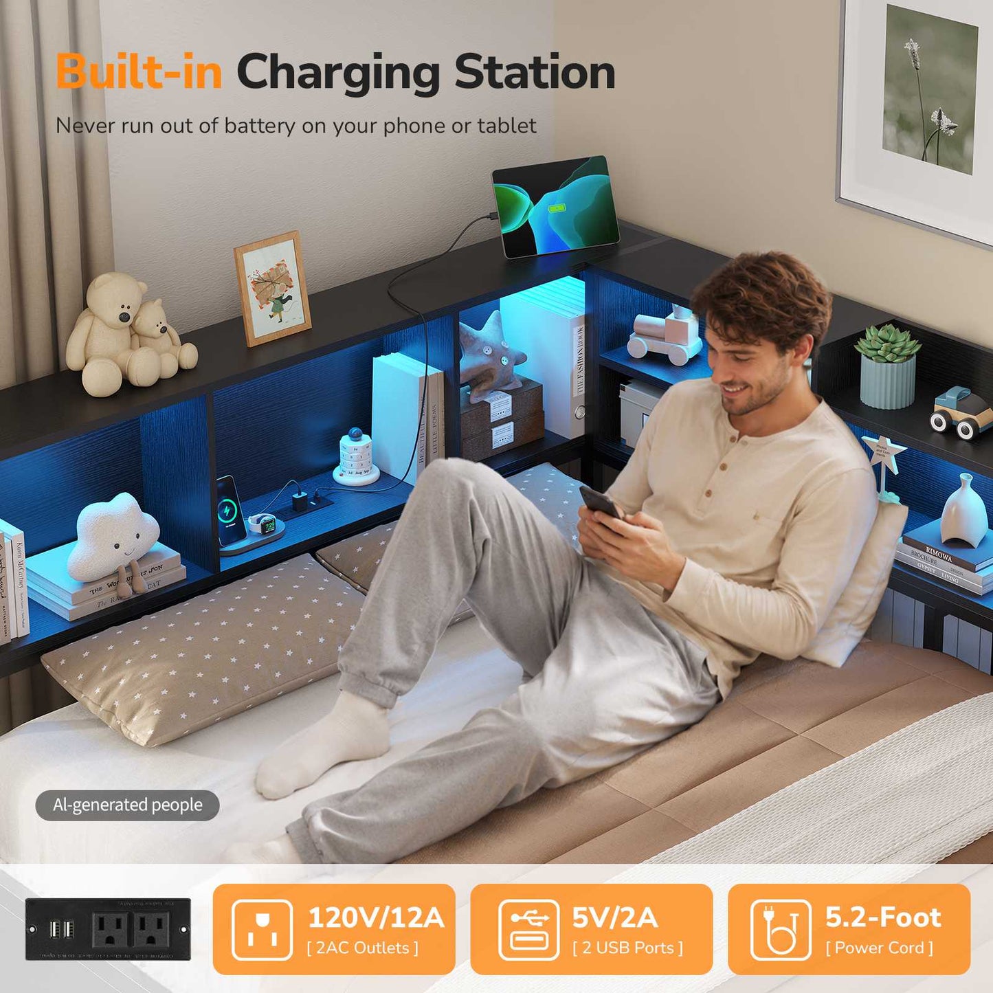 DICTAC | Corner Bed Frame with Storage, LED Lights & Charging Station, Metal Daybed with Drawers & Bookcase (Black)