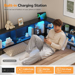 DICTAC | Corner Bed Frame with Storage Drawers & Bookcase, LED Lights & Charging Station – Black