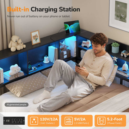 DICTAC | Corner Bed Frame with Storage, LED Lights & Charging Station, Metal Daybed with Drawers & Bookcase (Black)