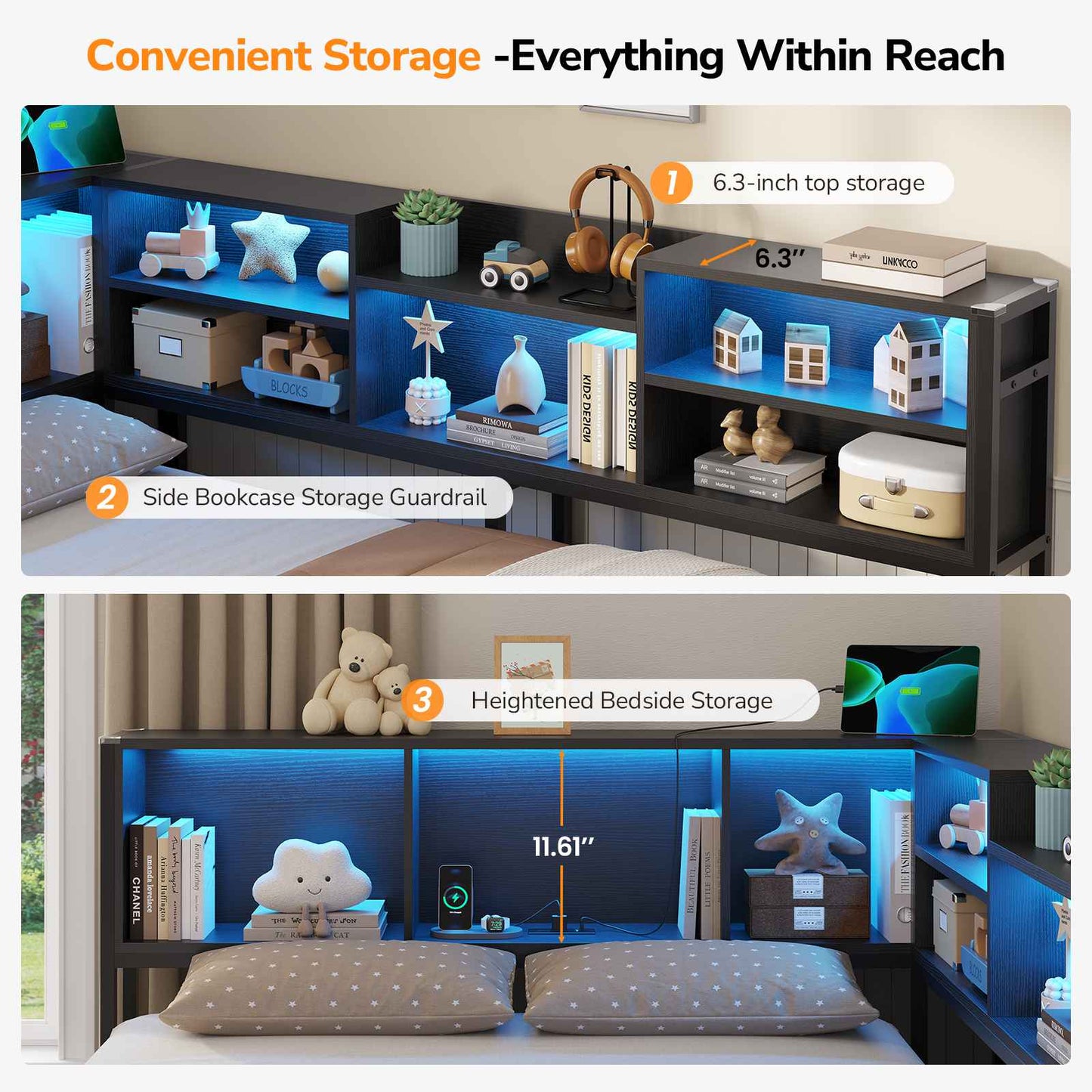DICTAC | Corner Bed Frame with Storage, LED Lights & Charging Station, Metal Daybed with Drawers & Bookcase (Black)