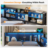 DICTAC | Corner Bed Frame with Storage Drawers & Bookcase, LED Lights & Charging Station – Black