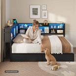 DICTAC | Corner Bed Frame with Storage Drawers & Bookcase, LED Lights & Charging Station – Black