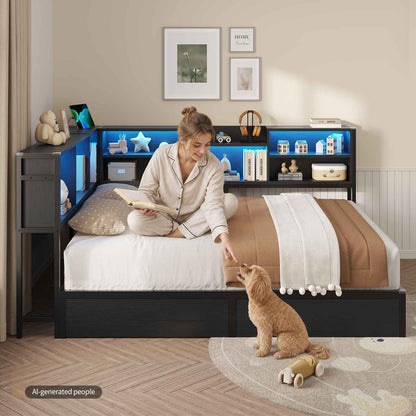 DICTAC | Corner Bed Frame with Storage, LED Lights & Charging Station, Metal Daybed with Drawers & Bookcase (Black)