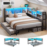 DICTAC | Corner Bed Frame with Storage Drawers & Bookcase, LED Lights & Charging Station – Oak Gray