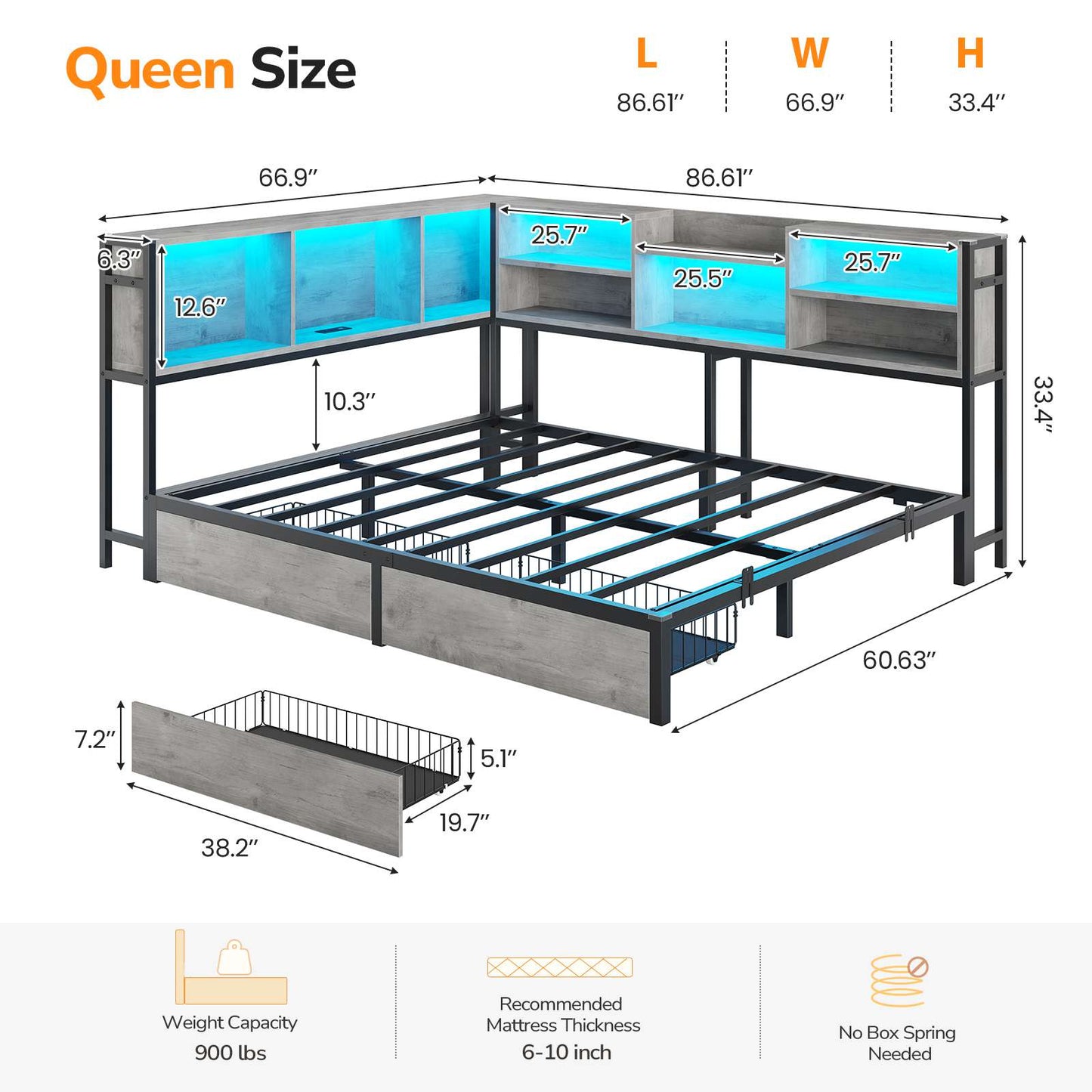 DICTAC | Corner Bed Frame with Storage, LED Lights & Charging Station, Metal Daybed with Drawers & Bookcase (Oak Gray)