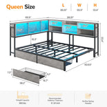 DICTAC | Corner Bed Frame with Storage Drawers & Bookcase, LED Lights & Charging Station – Oak Gray