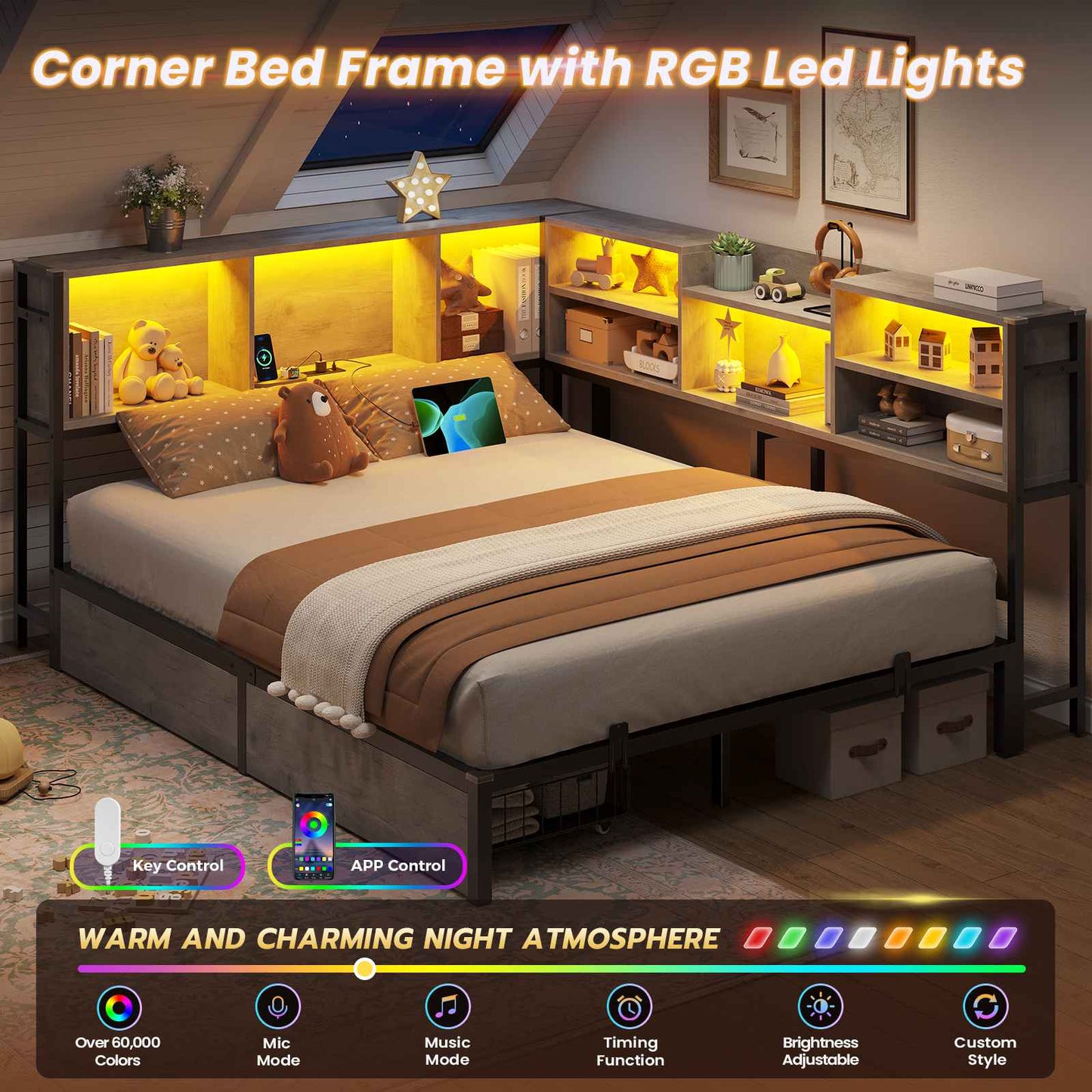 DICTAC | Corner Bed Frame with Storage, LED Lights & Charging Station, Metal Daybed with Drawers & Bookcase (Oak Gray)