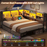 DICTAC | Corner Bed Frame with Storage Drawers & Bookcase, LED Lights & Charging Station – Oak Gray