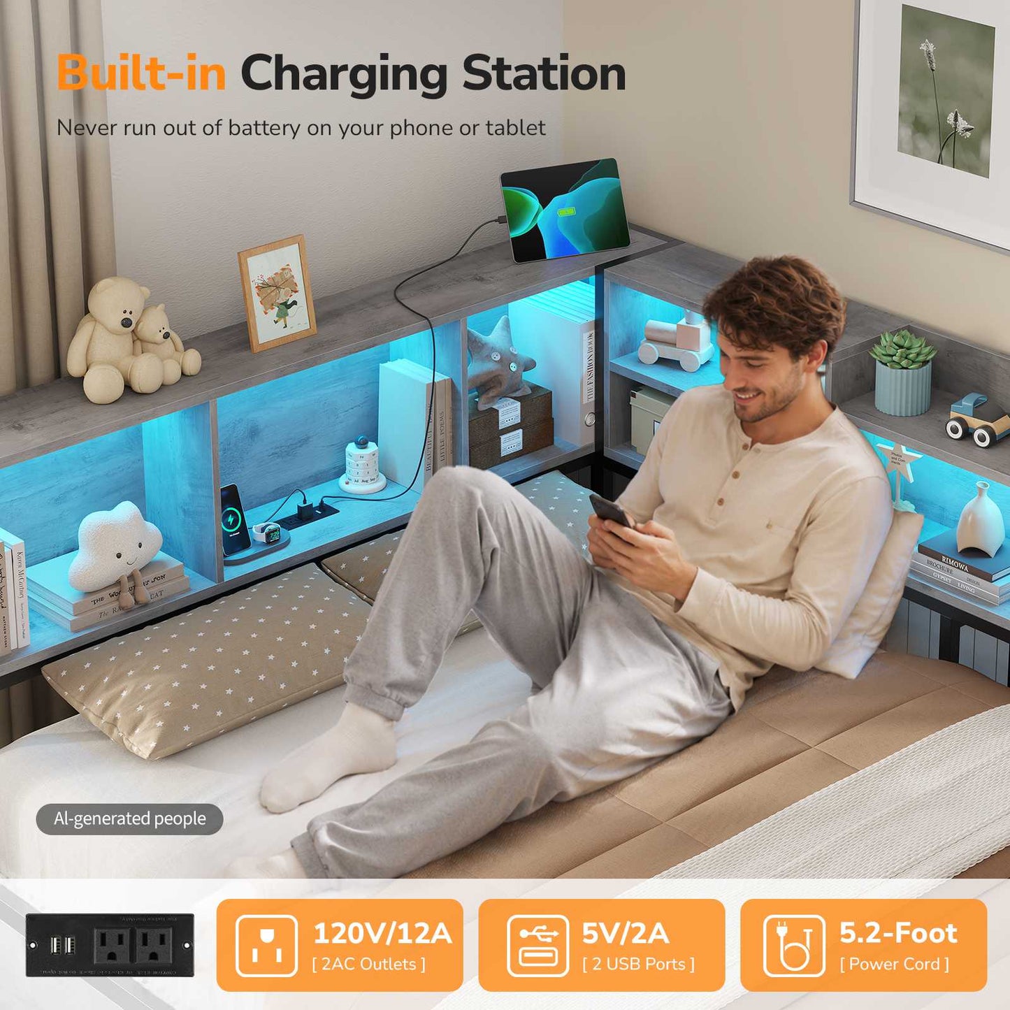 DICTAC | Corner Bed Frame with Storage, LED Lights & Charging Station, Metal Daybed with Drawers & Bookcase (Oak Gray)