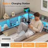 DICTAC | Corner Bed Frame with Storage Drawers & Bookcase, LED Lights & Charging Station – Oak Gray