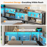 DICTAC | Corner Bed Frame with Storage Drawers & Bookcase, LED Lights & Charging Station – Oak Gray
