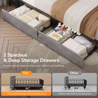 DICTAC | Corner Bed Frame with Storage, LED Lights & Charging Station, Metal Daybed with Drawers & Bookcase (Oak Gray)