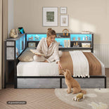DICTAC | Corner Bed Frame with Storage Drawers & Bookcase, LED Lights & Charging Station – Oak Gray