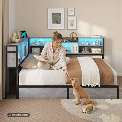DICTAC | Corner Bed Frame with Storage, LED Lights & Charging Station, Metal Daybed with Drawers & Bookcase (Oak Gray)