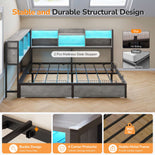 DICTAC | Corner Bed Frame with Storage Drawers & Bookcase, LED Lights & Charging Station – Oak Gray
