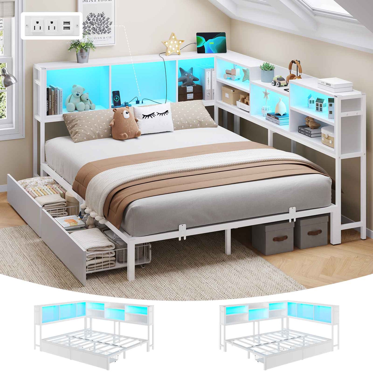 DICTAC | Corner Bed Frame with Storage Drawers, Bookcase Headboard, LED Lights & Charging Station for Kids and Teens, White
