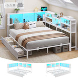 DICTAC | Corner Bed Frame with Storage Drawers, Bookcase Headboard, LED Lights & Charging Station for Kids and Teens - White