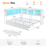 DICTAC | Corner Bed Frame with Storage Drawers, Bookcase Headboard, LED Lights & Charging Station for Kids and Teens - White